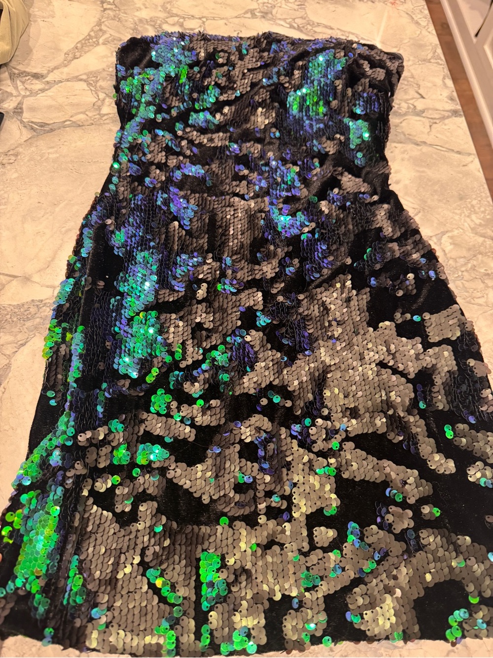 bebe Black Sequin Strapless Dress with Green & Blue Iridescent Accents